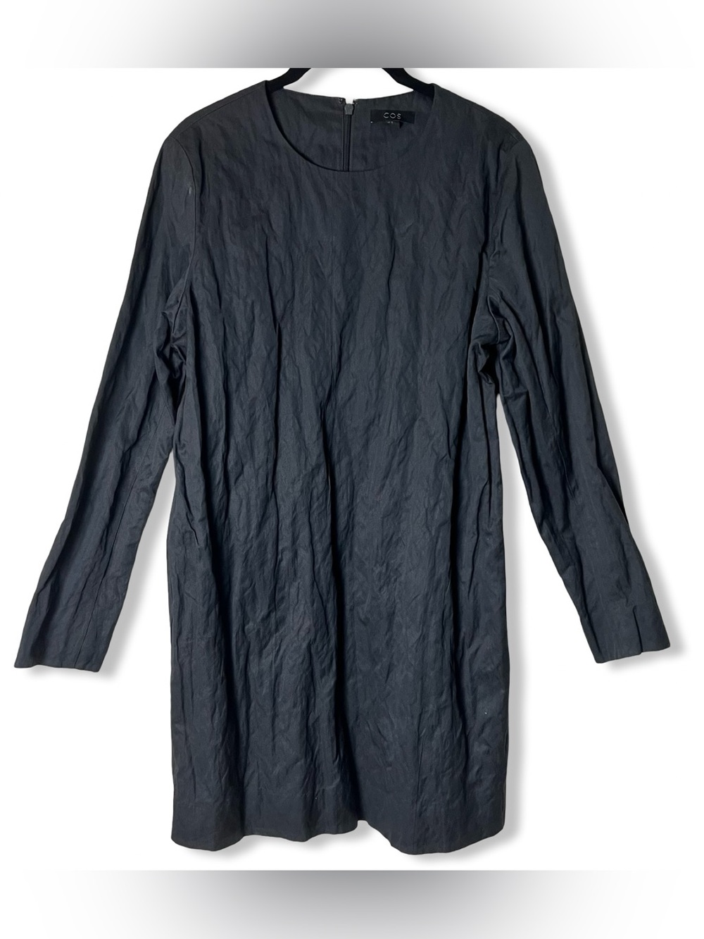COS Womens Short Crushed Cotton Dress Charcoal Metallic Long Sleeve Shift Sz. 8